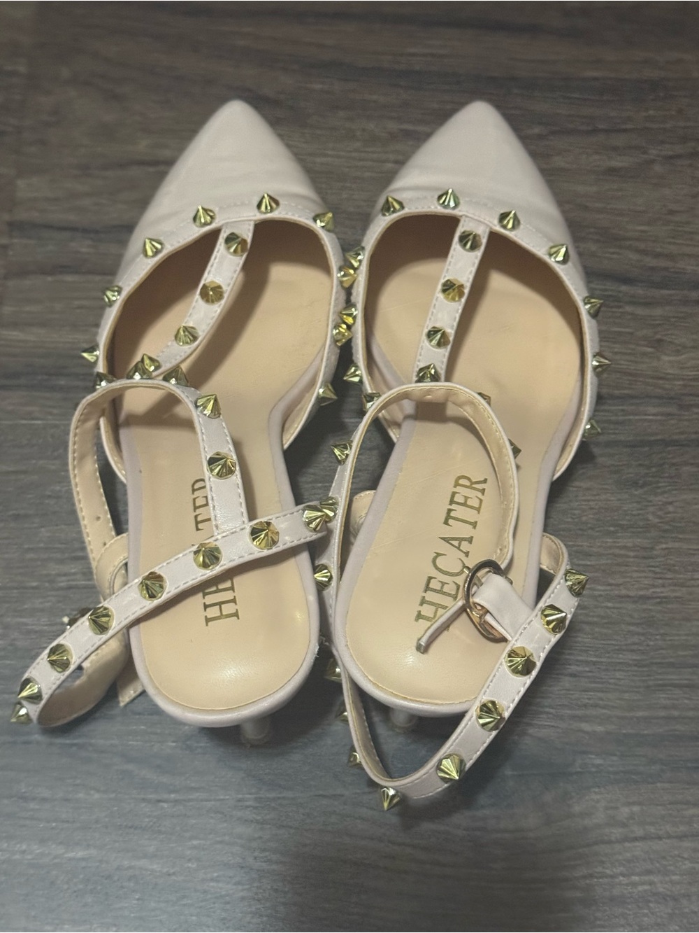 Hecater Pink Studded Pointed-Toe Slingback Heels
